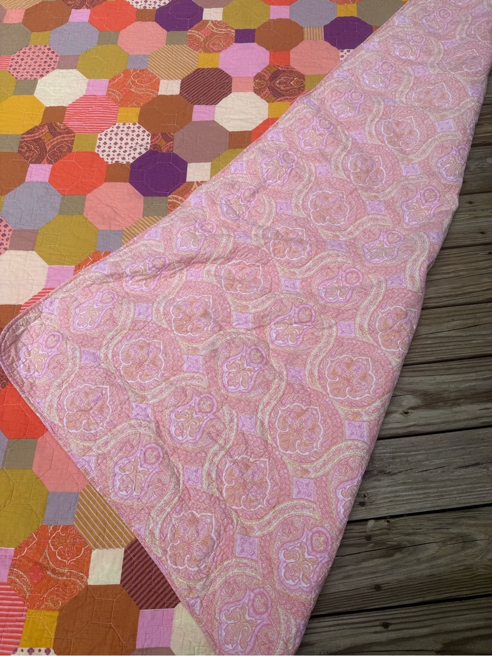 Handmade 86x88 Granny Octogonal Patterned Crazy Quilt W Paisley Backing